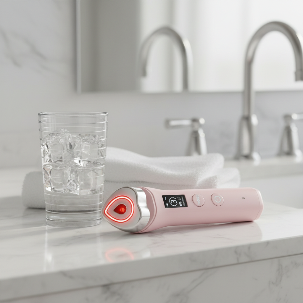 Lumzora Sculpt Pro Rose Edition on bathroom vanity