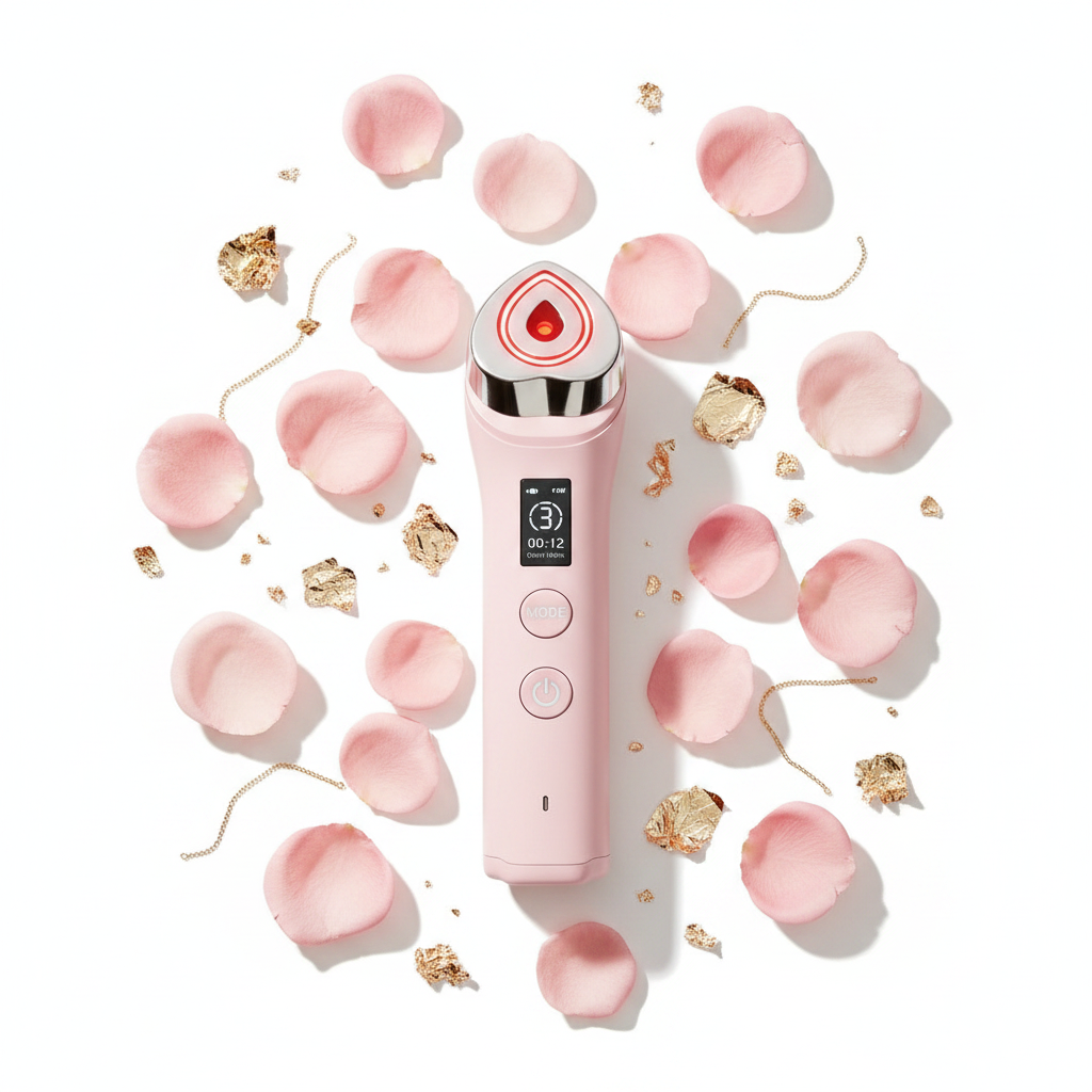 Lumzora Sculpt Pro Rose Edition flat lay with pink petals