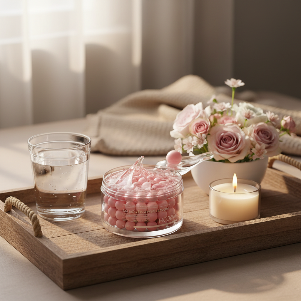 Lumzora Radiance Cream morning skincare ritual with flowers and candle